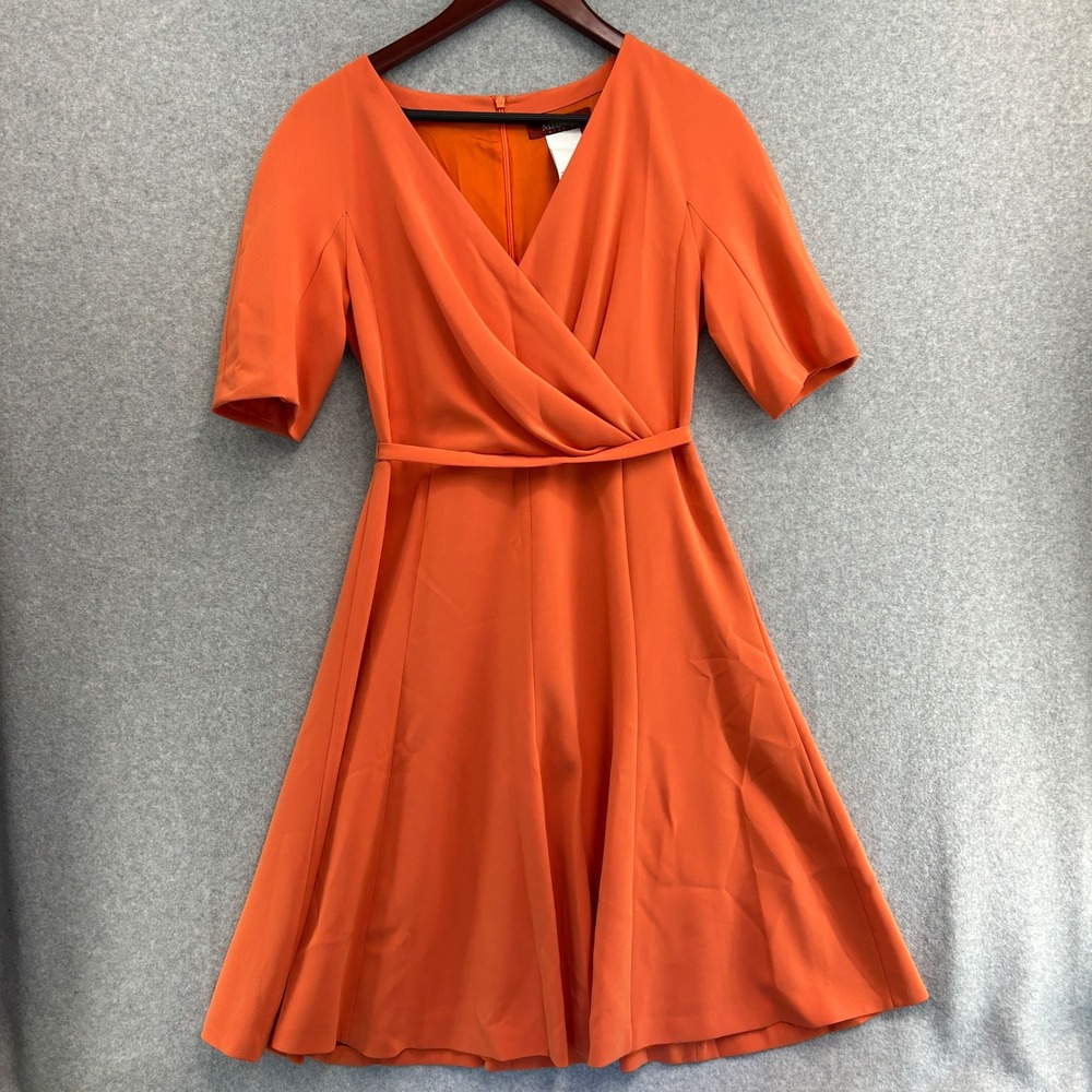 Max Mara Studio Dress Orange Wrap V-Neck Belted A-Line Office Resort Size 10